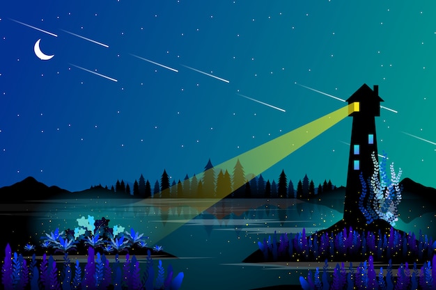 Vector casa de luz y mar con paisaje de noche estrellada.