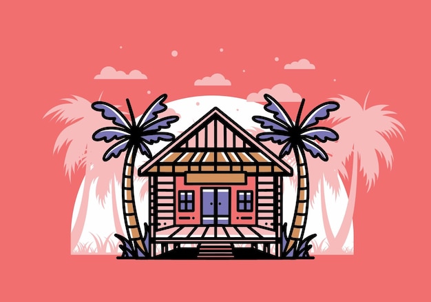 Vector casa de madera en el diseño de insignia de ilustración de playa