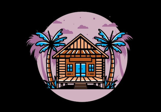 Casa de madera en el diseño de insignia de ilustración de playa
