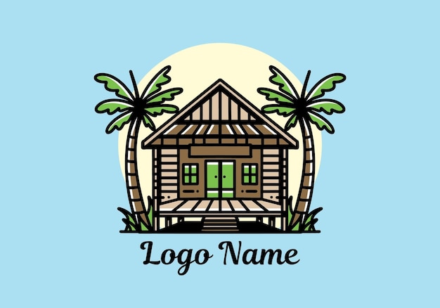 Vector casa de madera en el diseño de insignia de ilustración de playa