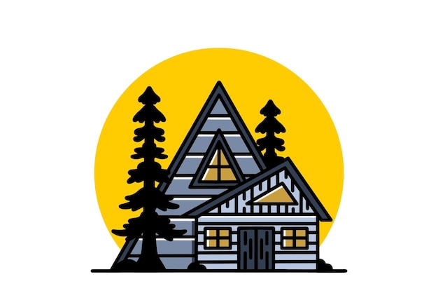 Vector casa de madera estética entre dos diseño de placa de ilustración de pino