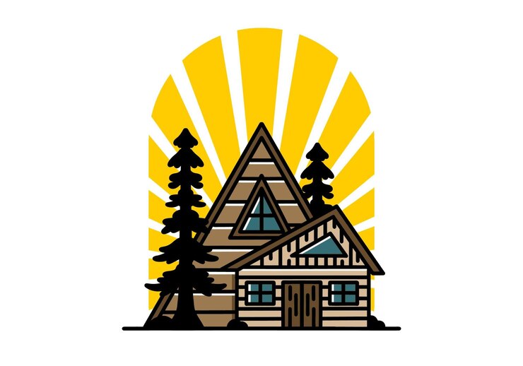 Vector casa de madera estética entre dos diseño de placa de ilustración de pino
