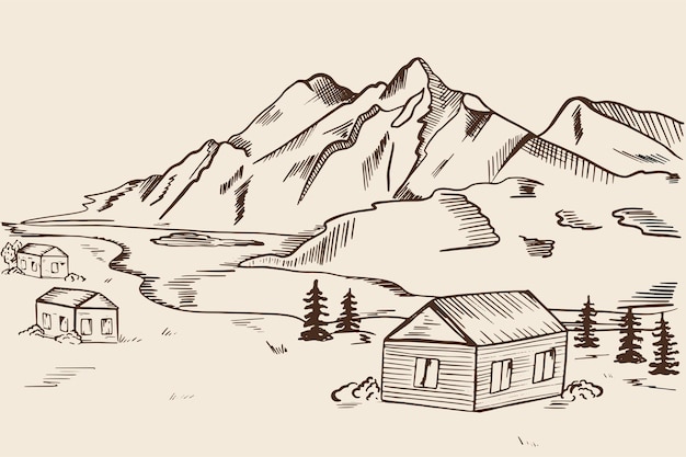 Casa de madera en el fondo de la ilustración de vector de bosquejo de cordillera