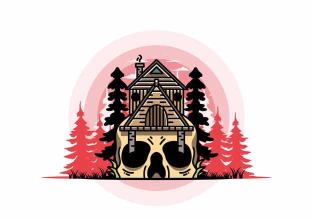 Casa de madera con ilustración de base de calavera