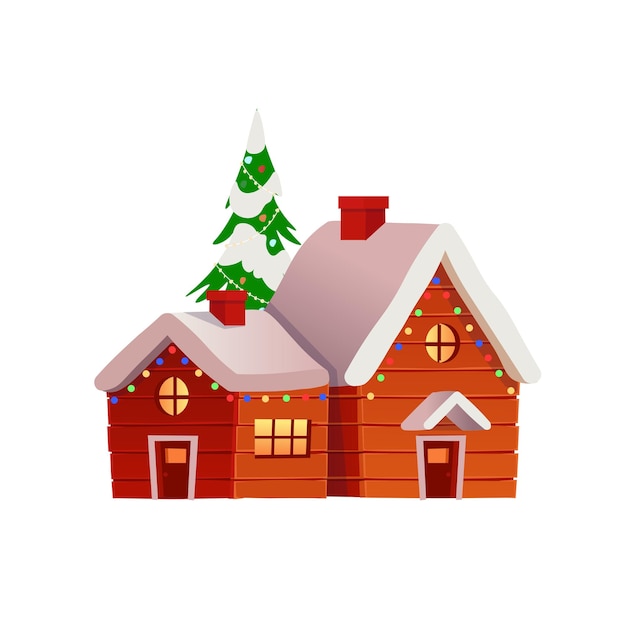 Casa de madera de Navidad con abeto en vector de fondo blanco.