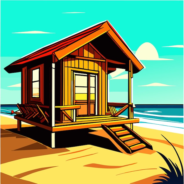 Vector casa de madera en la playa dibujo de ilustración vectorial