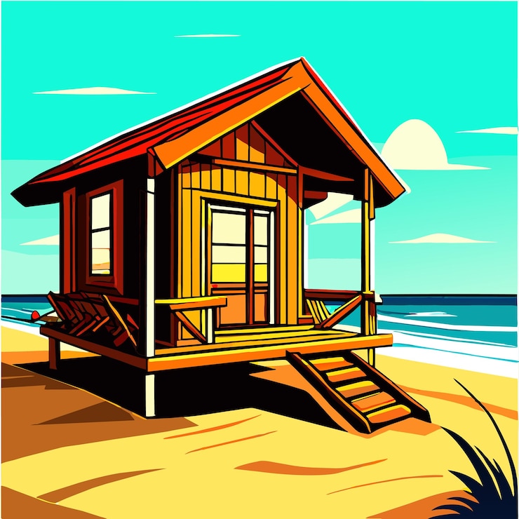 Vector casa de madera en la playa dibujo de ilustración vectorial