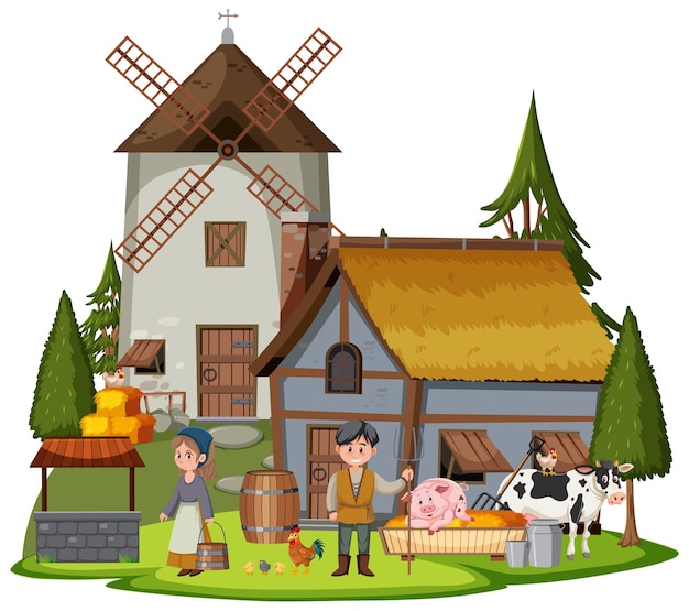 Casa medieval con aldeanos y animales de granja