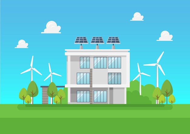 Casa moderna ecológica. energía verde energía solar y eólica. ilustración vectorial