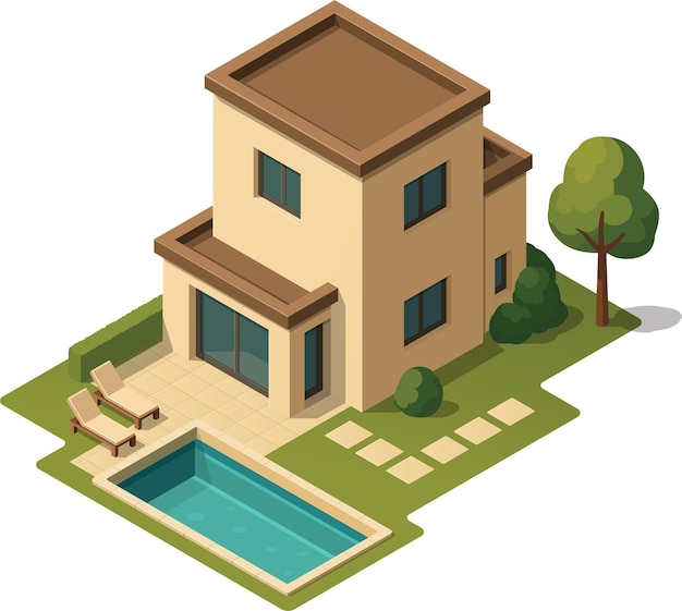 Casa moderna isométrica con piscina al aire libre