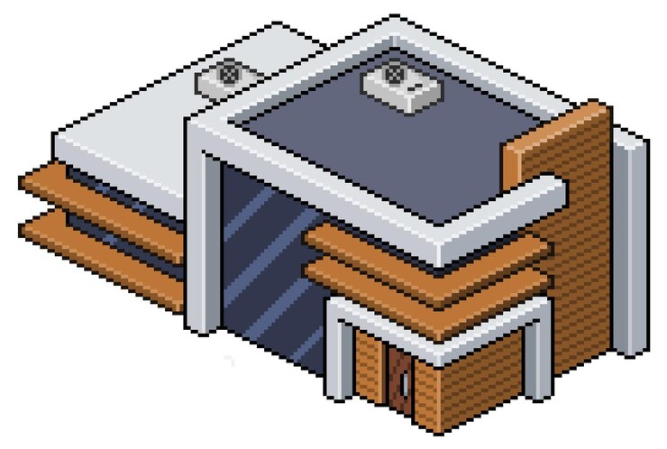 Vector casa moderna isométrica de pixel art. construcción para juego de 8 bits