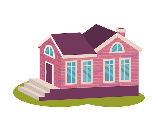 Casa moderna de ladrillos rosados con porche y techo púrpura Ilustración vectorial