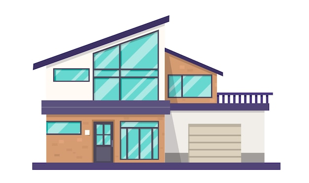 Casa moderna con techo inclinado y grandes ventanas Ilustración vectorial