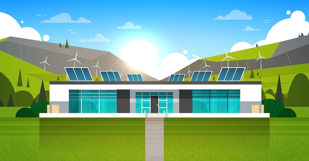 Vector casa moderna con turbinas eólicas y paneles solares energía alternativa energía ecológica concepto de energía