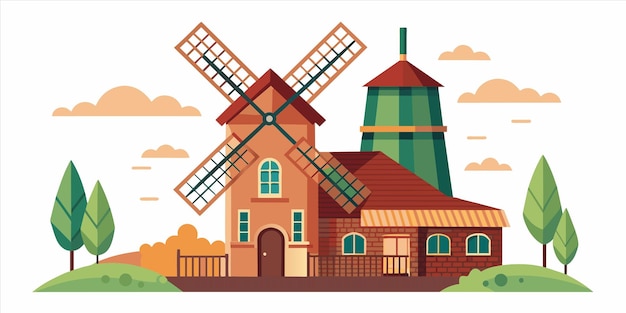 una casa con un molino de viento en el fondo