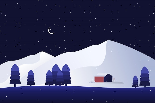 Vector una casa en la montaña blanca con bosque de pinos y paisaje nocturno estrellado