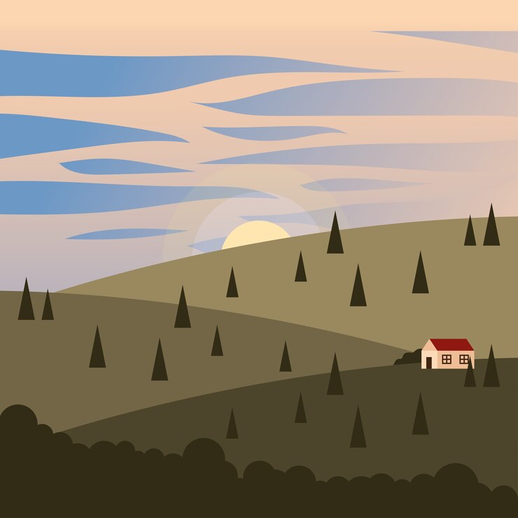 Vector casa en la montaña con diseño de pinos, paisaje, entorno natural y tema al aire libre
