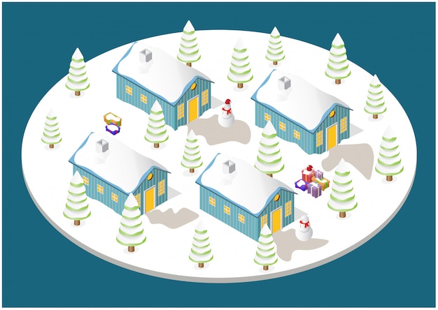 Casa de Navidad, árbol, muñeco de nieve y cajas de regalo.