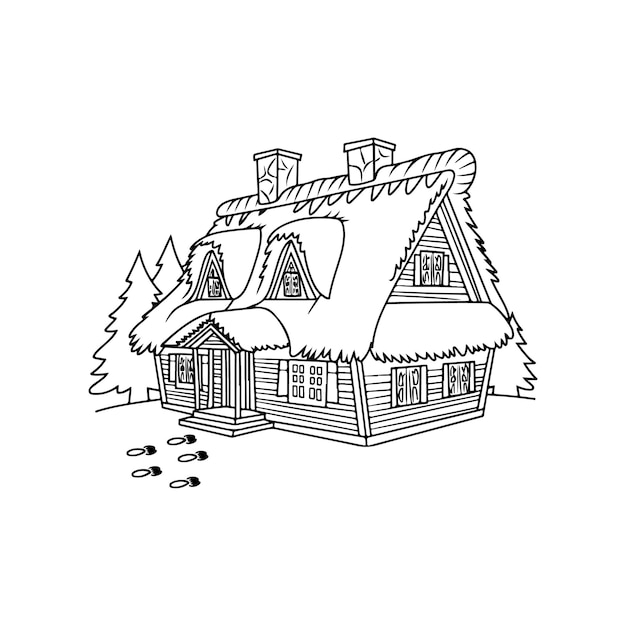Casa de Navidad en el bosque de invierno abetos y un hombre de nieve página de colorear