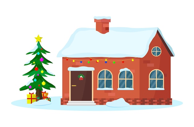 Casa de Navidad con cajas de regalos de árboles de Navidad y nieve Ilustración vectorial