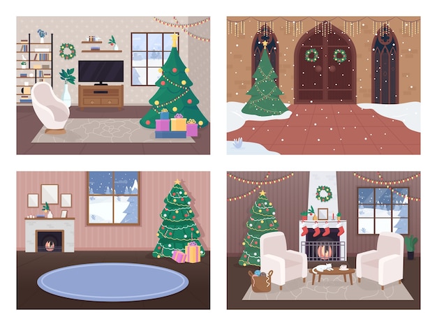 Casa de navidad dentro de conjunto de ilustración de color plano