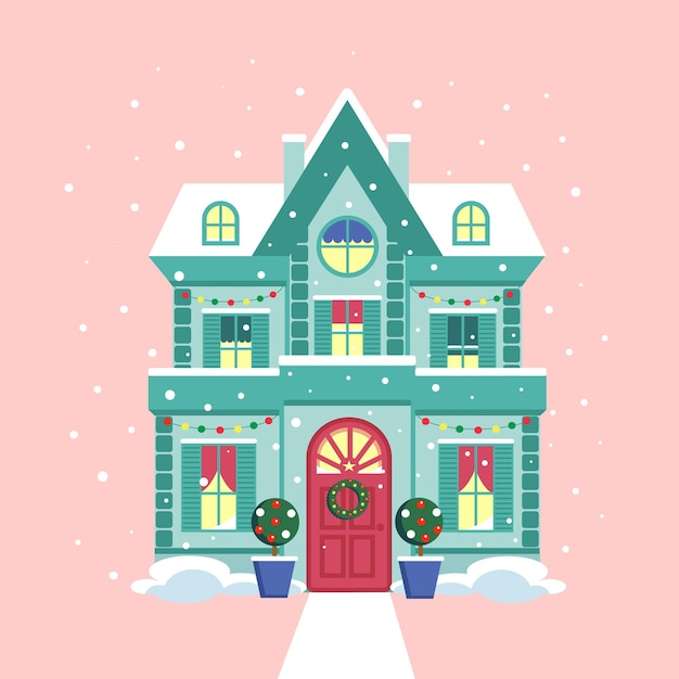 Casa de Navidad de invierno de dibujos animados lindo de ilustración vectorial