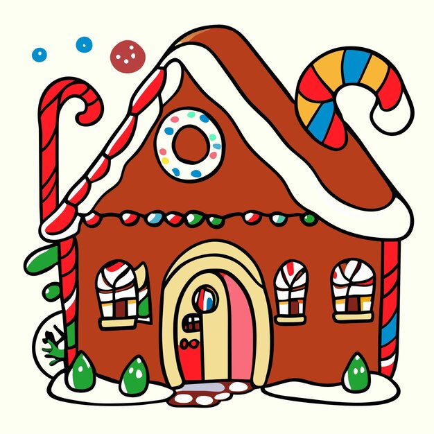 Casa de Navidad de invierno con nieve dibujada a mano plana estilosa pegatina de dibujos animados concepto de icono aislado