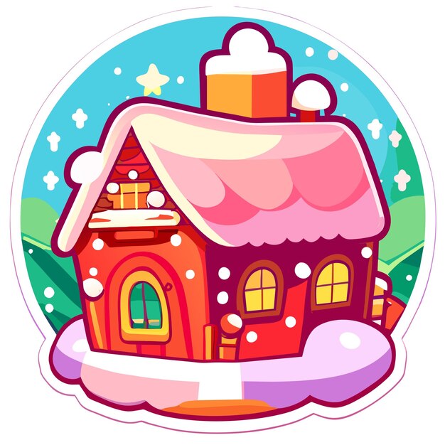 Casa de Navidad de invierno con nieve dibujada a mano plana estilosa pegatina de dibujos animados concepto de icono aislado