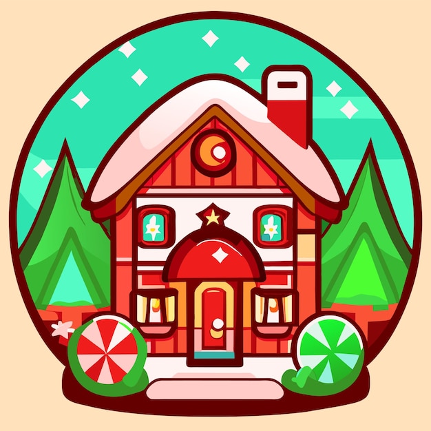 Casa de Navidad de invierno con nieve dibujada a mano plana estilosa pegatina de dibujos animados concepto de icono aislado
