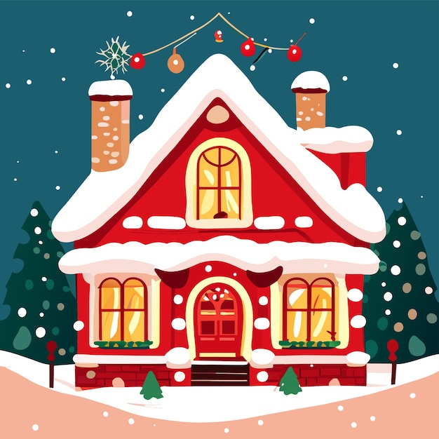 Casa de Navidad con nieve dibujada a mano, plana, elegante, icona de stickers de dibujos animados, concepto aislado