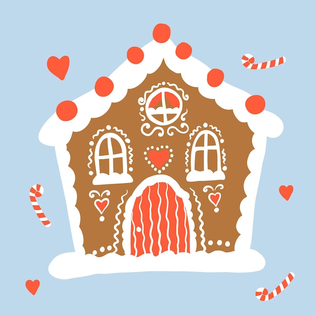 Casa navideña de pan de jengibre. cabaña de pan de invierno con techo de nieve. diseño de tarjeta de vacaciones de año nuevo.