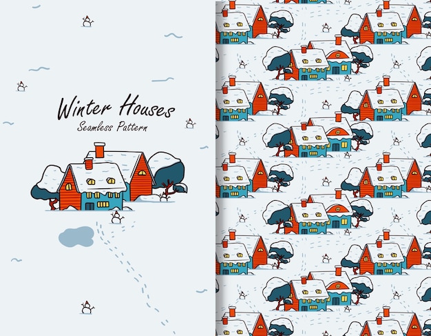 Casa de nieve en invierno Ilustración de patrones sin fisuras para tarjeta de felicitación