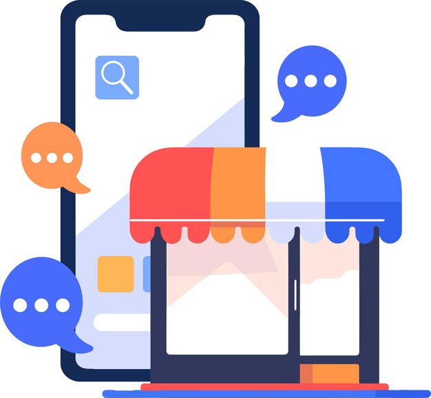 Casa o tienda dibujada a mano con un teléfono inteligente en el concepto de bienes raíces en línea en estilo plano aislado en el fondo