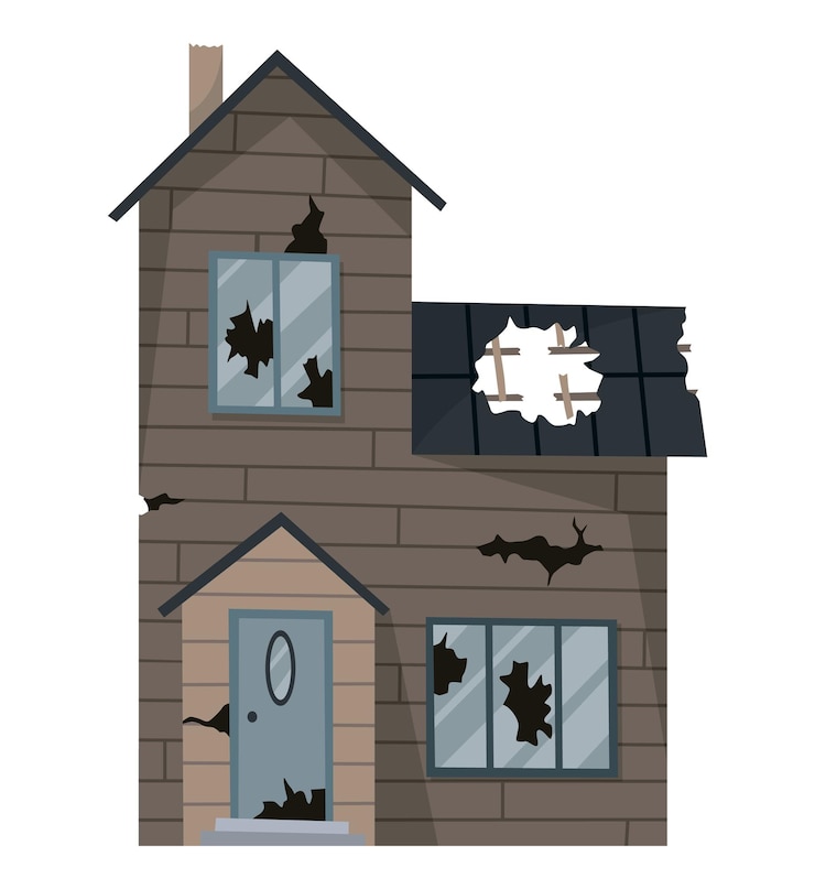Vector casa o vivienda vieja deteriorada casa abandonada en malas condiciones edificio viejo con problemas con techo dañado paredes desaliñadas y exterior propiedad abandonada aislada