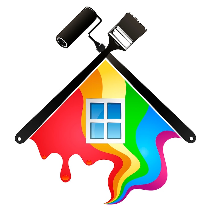 Vector casa con olas de pincel y rodillo de pintura de colores