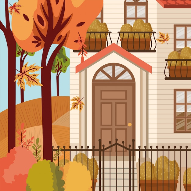 Vector casa en otoño de fondo