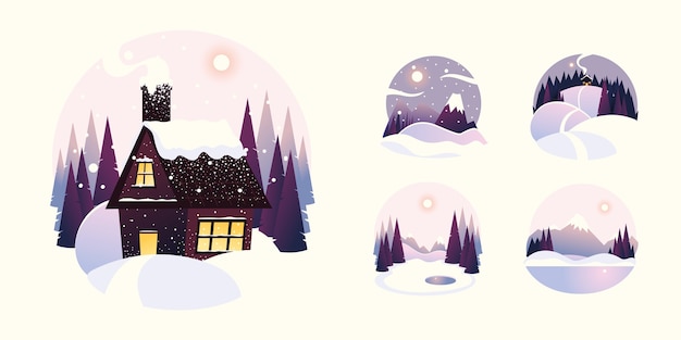 Casa de paisaje de invierno con montañas y pinos ilustración