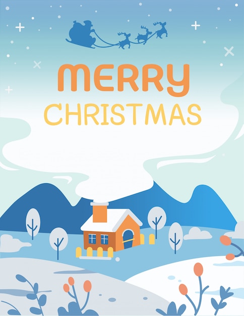 La casa en el paisaje de montaña con el texto de la tarjeta de felicitación de Feliz Navidad