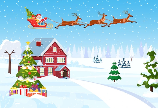 Casa en paisaje nevado de Navidad
