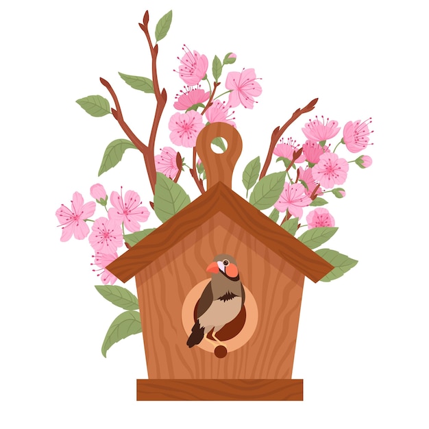 Vector casa de pájaros en un árbol en flor casa de pájeros de madera con alimentador hecho a mano nidos de aves en un cerezo ilustración vectorial plana casa de pájoros de dibujos animados bonita