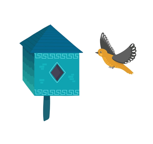 Casa de pájaros decorativa hecha a mano hogar para animales salvajes personaje aves de corral aisladas en ilustración vectorial de dibujos animados blanca acogedora caja de anidación azul