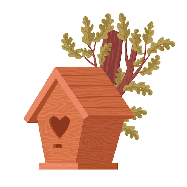 Casa de pájaros de dibujos animados Casa de pájaro de madera hecha a mano en un roble Nido de pájaro lindo con alimentador Ilustración vectorial plana Casa de pájeros anidando en un árbol
