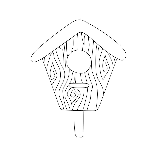 Casa de pájaros hecha de tablas de madera sobre un fondo blanco Dibujo de línea simple a mano Contorno vectorial Ilustración aislada Icono lineal para libro de colorear Diseño web Arte gráfico Stickers