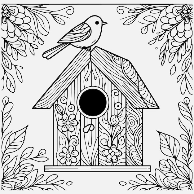 Casa de pájaros de primavera Página para colorear para adultos Página de colorear Libro para niños para colorear eps vectores blancos