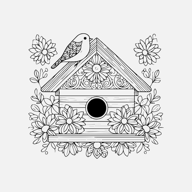 Casa de pájaros de primavera Página para colorear para adultos Página de colorear Libro para niños para colorear eps vectores blancos
