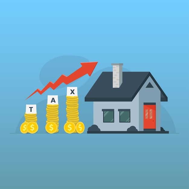 Casa con la palabra IMPUESTO sobre monedas de pila de dinero Aumento en el vector de diseño de impuestos de vivienda o propiedad