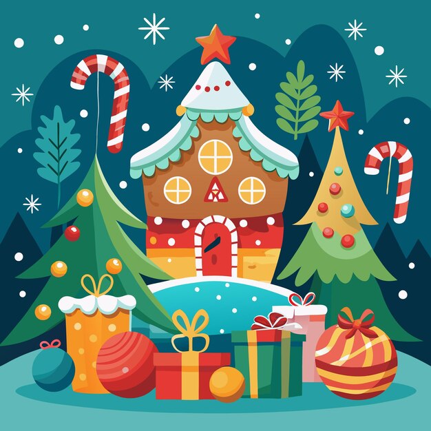 Casa de pan de jengibre con árboles de Navidad, caramelos y regalos.