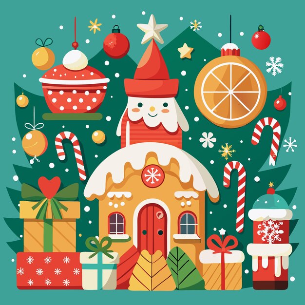 Una casa de pan de jengibre con una cara sonriente rodeada de decoraciones y regalos de Navidad