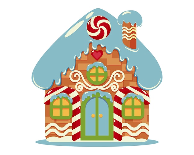 Casa de pan de jengibre decorada con caña de caramelo de glaseado azul y decoraciones navideñas
