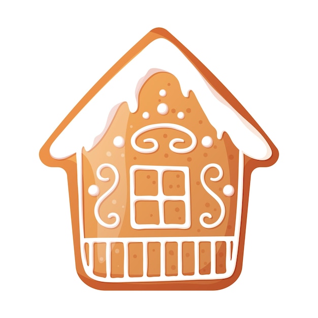 Casa de pan de jengibre de Navidad con hermosos patrones de glaseado dulce Galletas de vacaciones en un icono de vector de fondo aislado